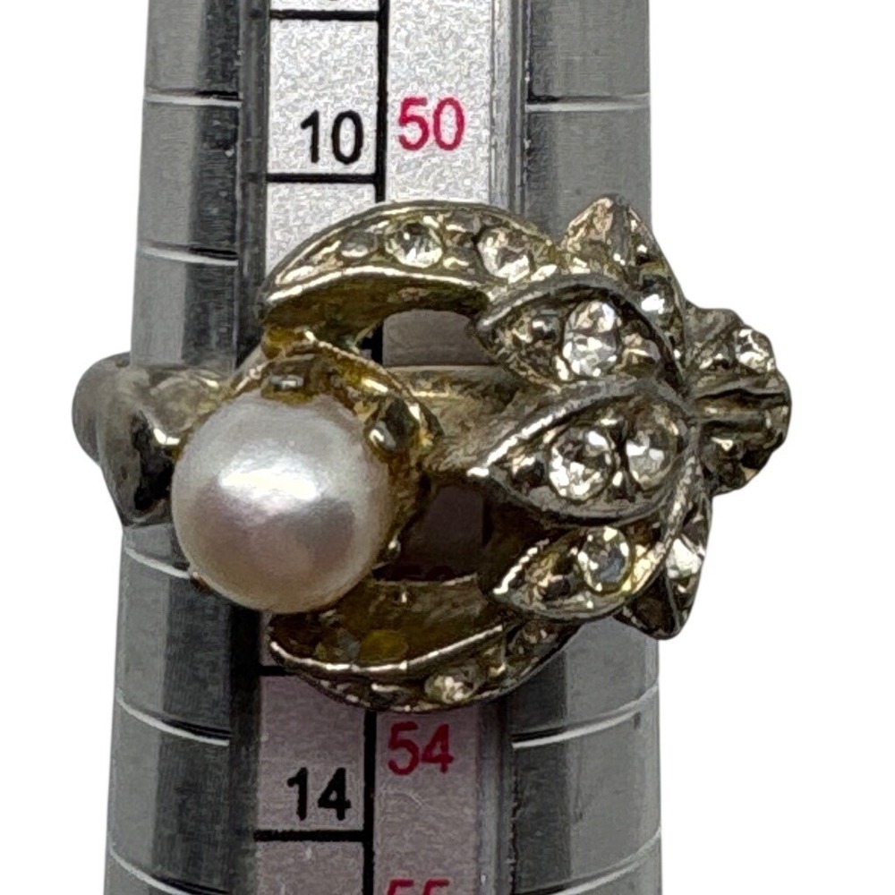 Vintage Pearl Leaf Ring Rhinestone Accent Silver Tone Elegant Statement Ring